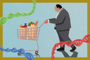 一个男人的图形，购物车和DNA说明营养科学