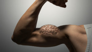 Photoshopped image with brain on bicep to show link between exercise and brain health